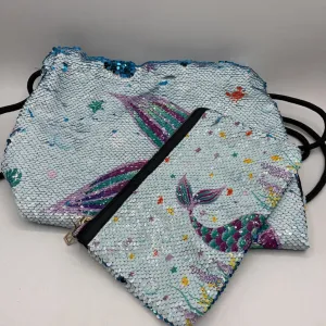 2pc Colorful Mermaid Sequin Print Drawstring Bag & Purse