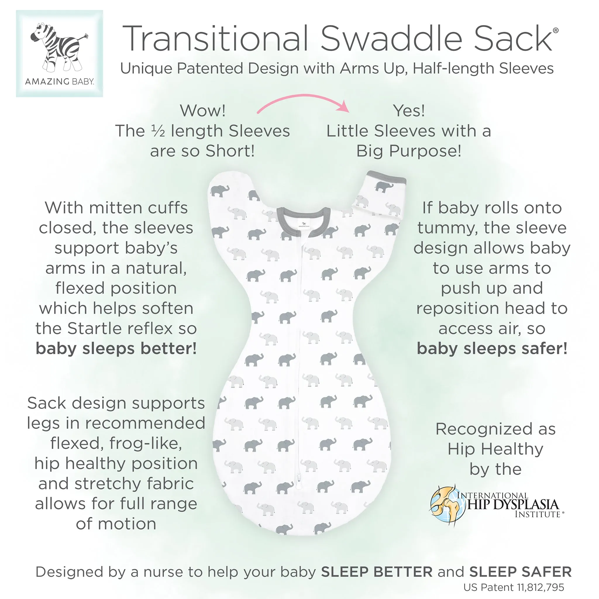 Amazing Baby - Transitional Swaddle Sack  - Arms Up 1/2-Length Sleeves & Mitten Cuffs, Tiny Bear, Sterling