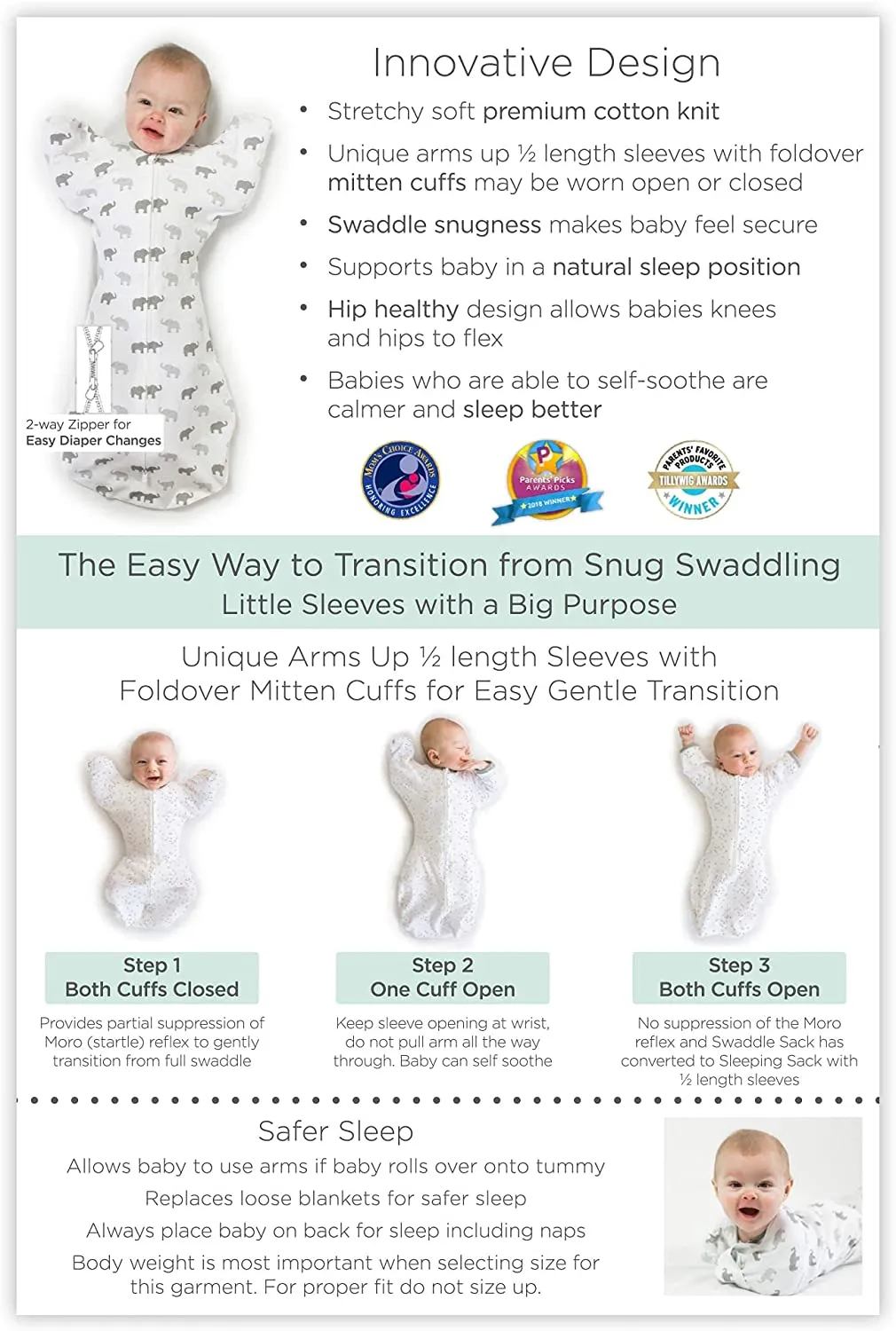 Amazing Baby - Transitional Swaddle Sack  - Arms Up 1/2-Length Sleeves & Mitten Cuffs, Tiny Bear, Sterling