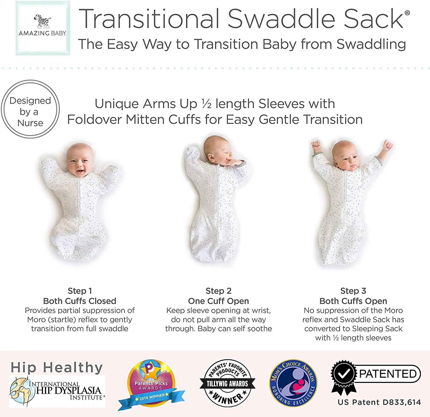 Amazing Baby - Transitional Swaddle Sack  - Arms Up 1/2-Length Sleeves & Mitten Cuffs, Tiny Bear, Sterling