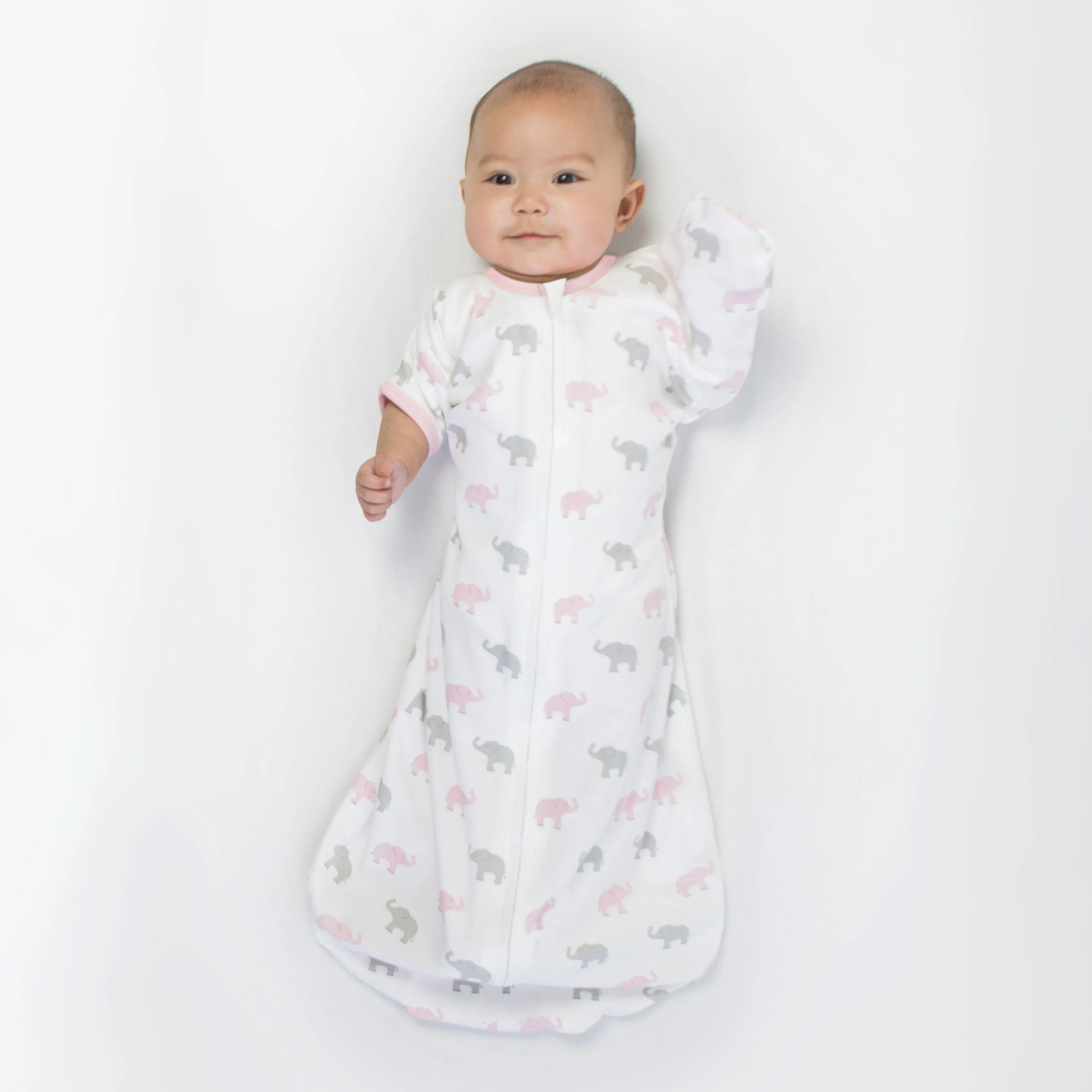 Amazing Baby - Transitional Swaddle Sack  - Arms Up 1/2-Length Sleeves & Mitten Cuffs, Tiny Elephants, Pink