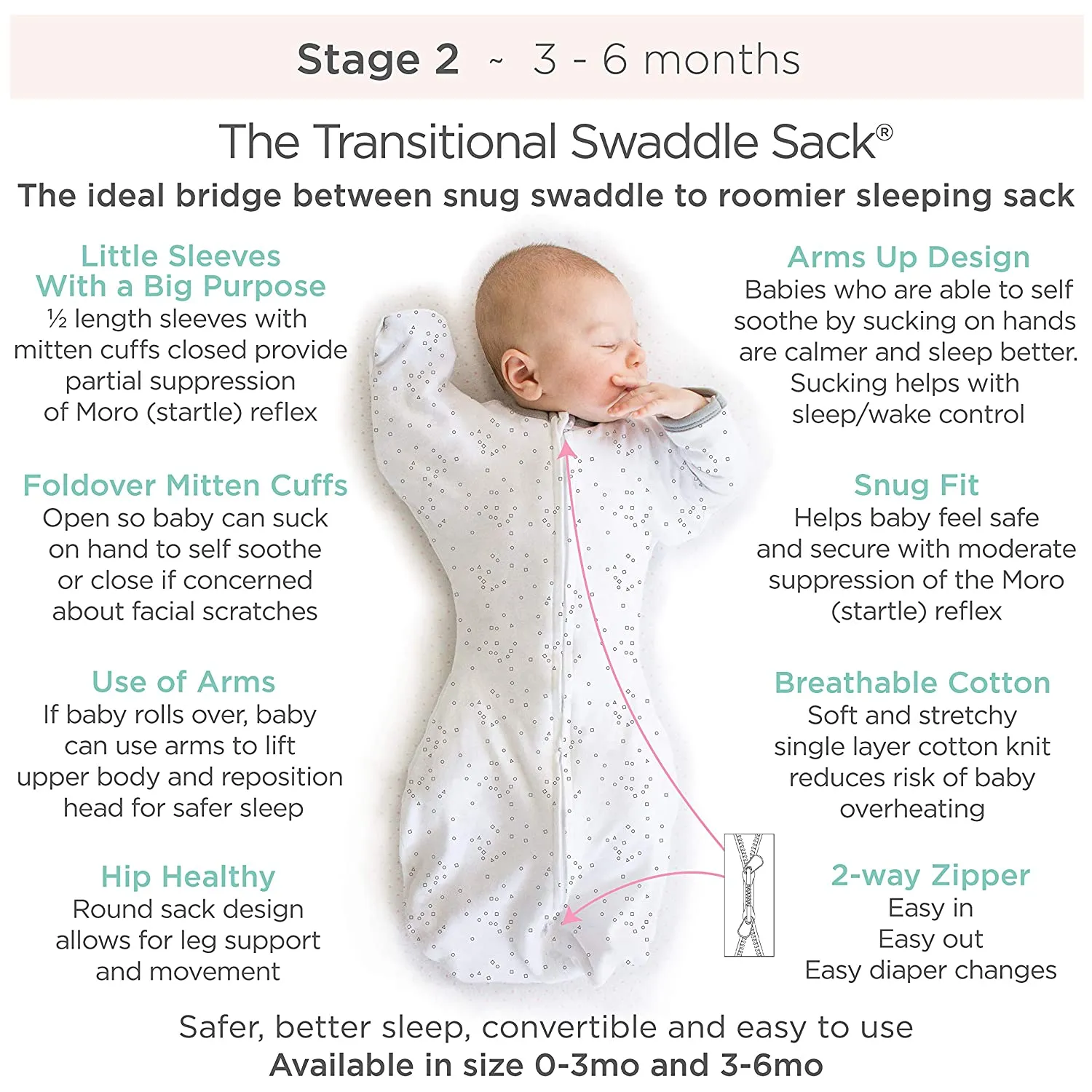 Amazing Baby - Transitional Swaddle Sack  - Arms Up 1/2-Length Sleeves & Mitten Cuffs, Tiny Elephants, Pink