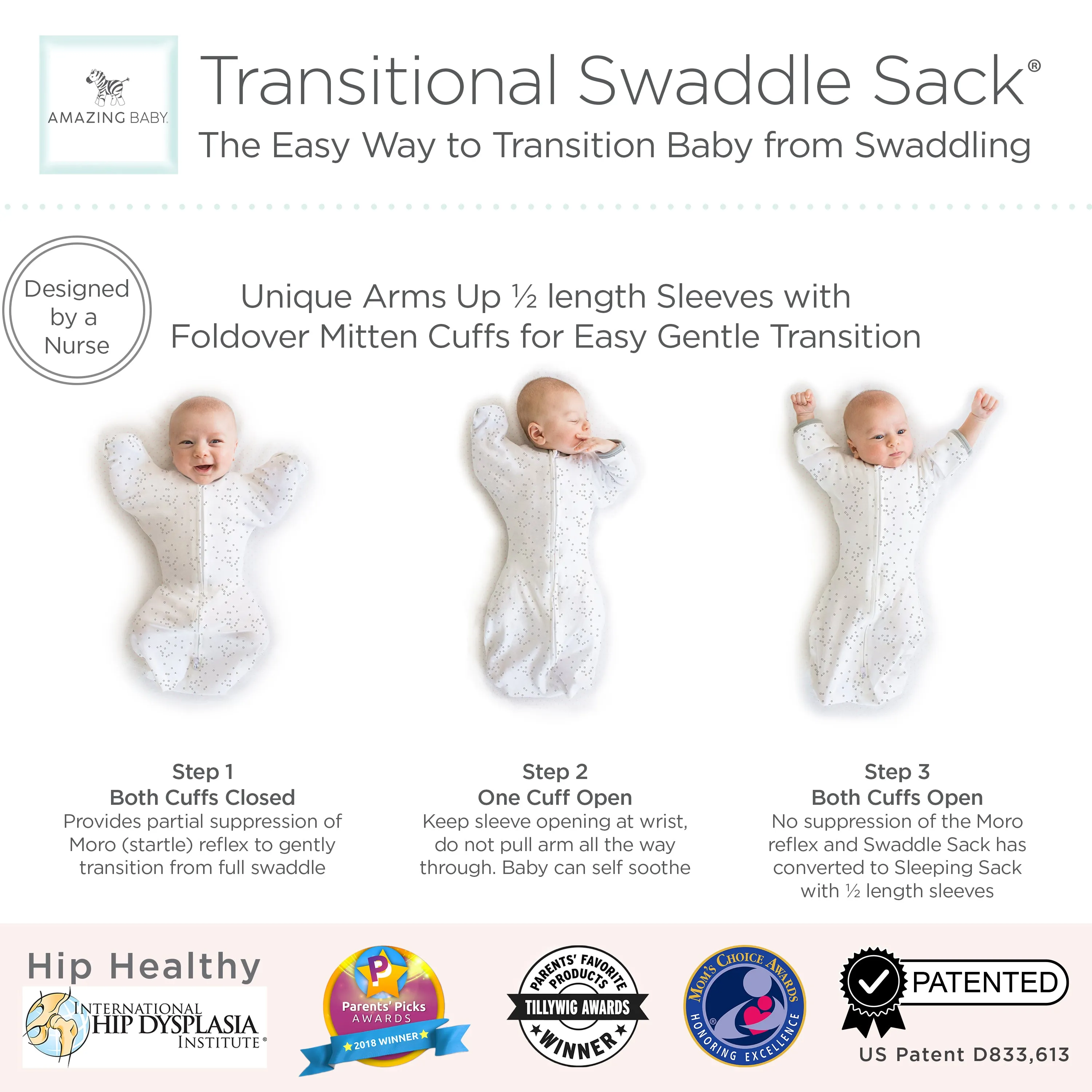 Amazing Baby - Transitional Swaddle Sack  - Arms Up 1/2-Length Sleeves & Mitten Cuffs, Tiny Elephants, Pink