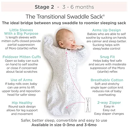 Amazing Baby - Transitional Swaddle Sack  - Arms Up 1/2-Length Sleeves & Mitten Cuffs, Tiny Elephants, Sterling