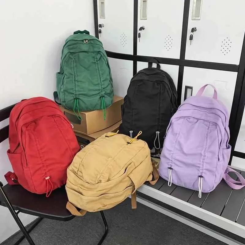 B3087 Cool Backpack - Solid Canvas School Bags - Drawstring Design