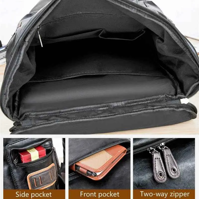 Black Pu Leather Cool Backpack For Men's MCBJCS38 Large Anti-theft Travel Laptop School Business Bag