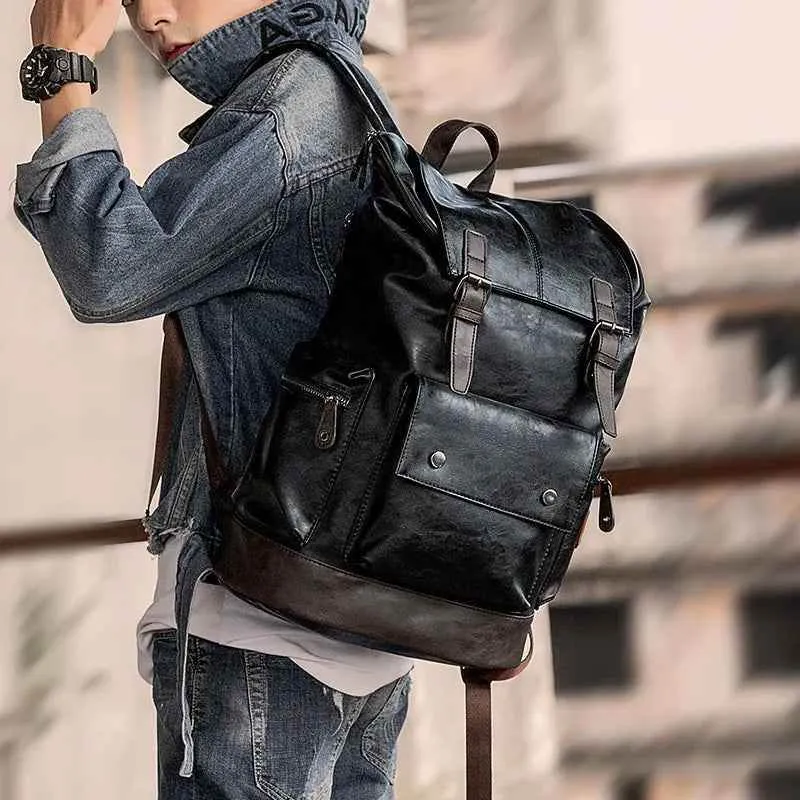 Black Pu Leather Cool Backpack For Men's MCBJCS38 Large Anti-theft Travel Laptop School Business Bag