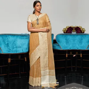 Brown Partywear Woven Linen Saree