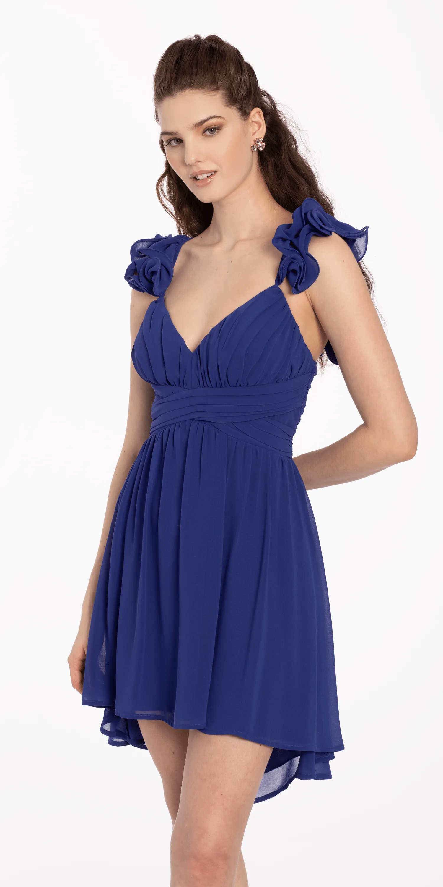 Chiffon Ruffle Shoulder High Low Dress