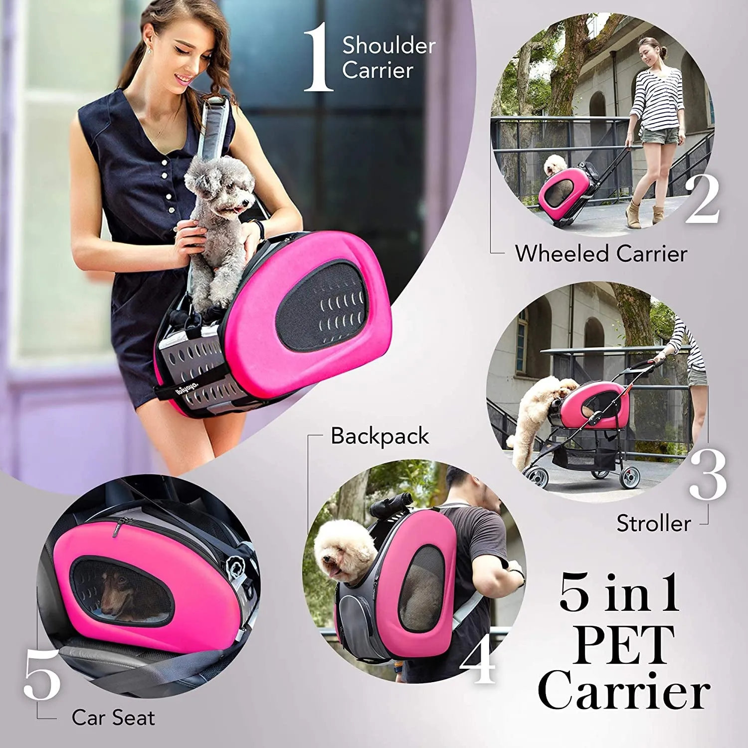 Compact 5-In-1 Convertible and Foldable Pet Carrier and Stroller