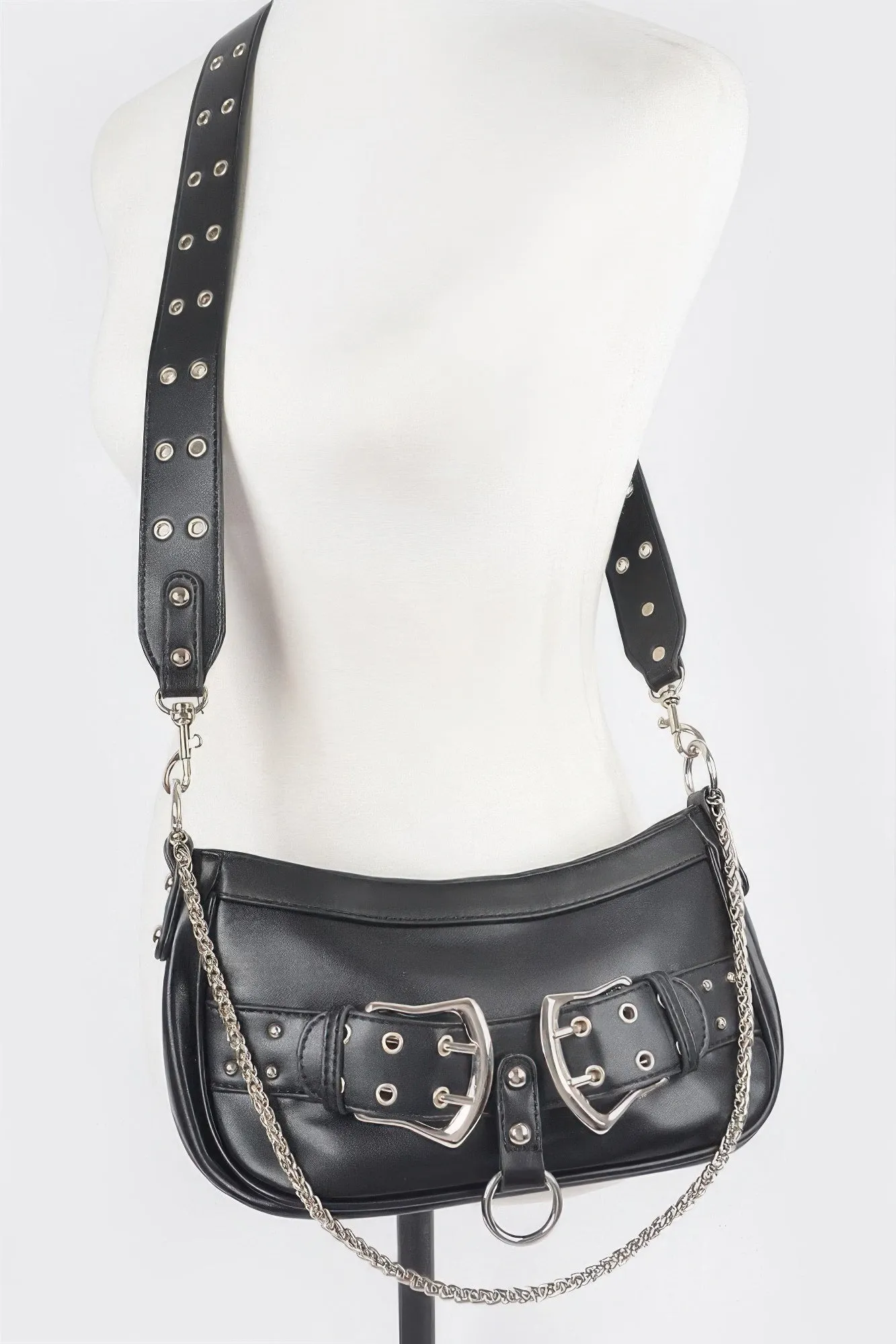 Faux Leather Studded Buckles & Chains Shoulder Bag