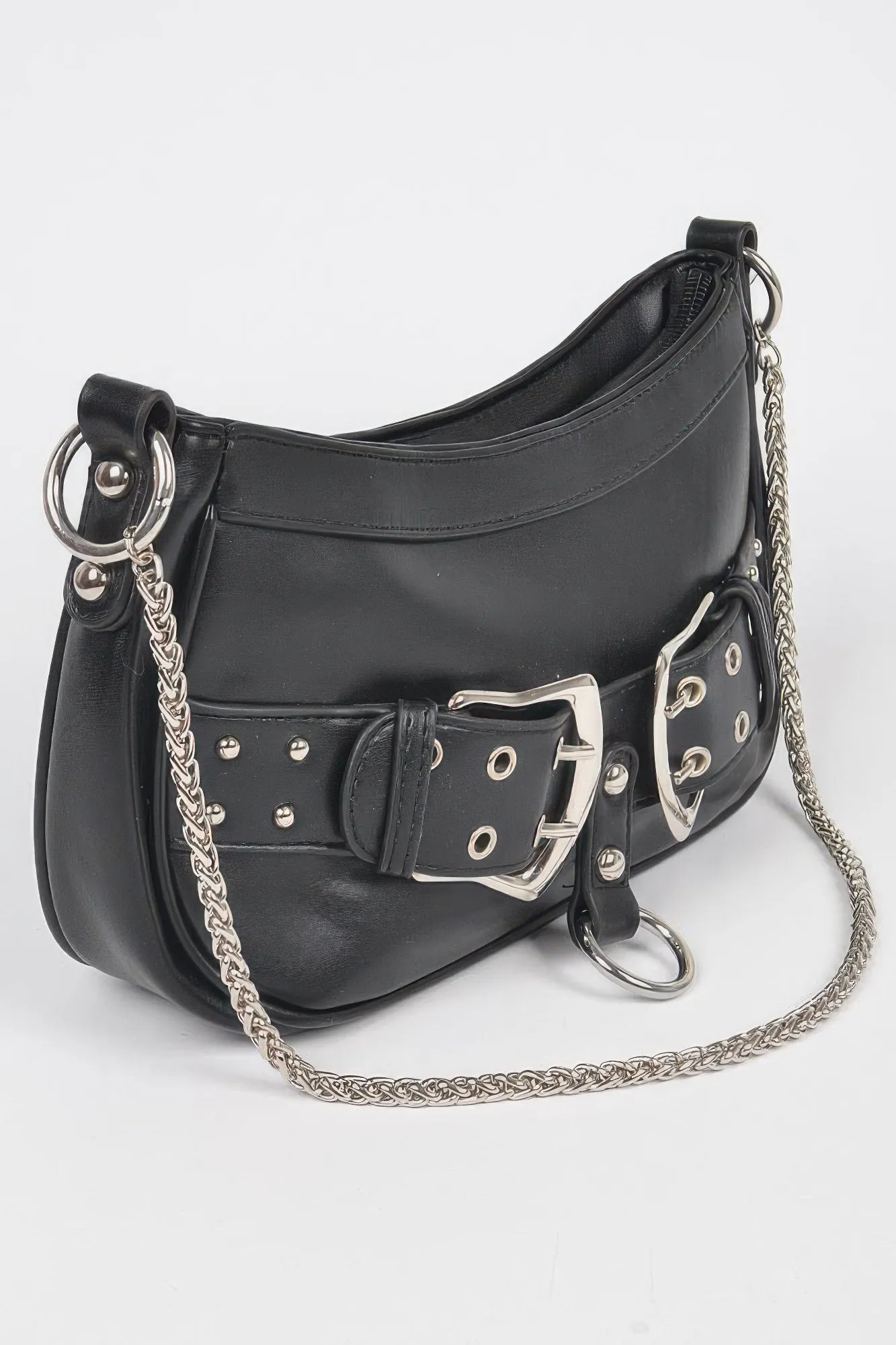 Faux Leather Studded Buckles & Chains Shoulder Bag