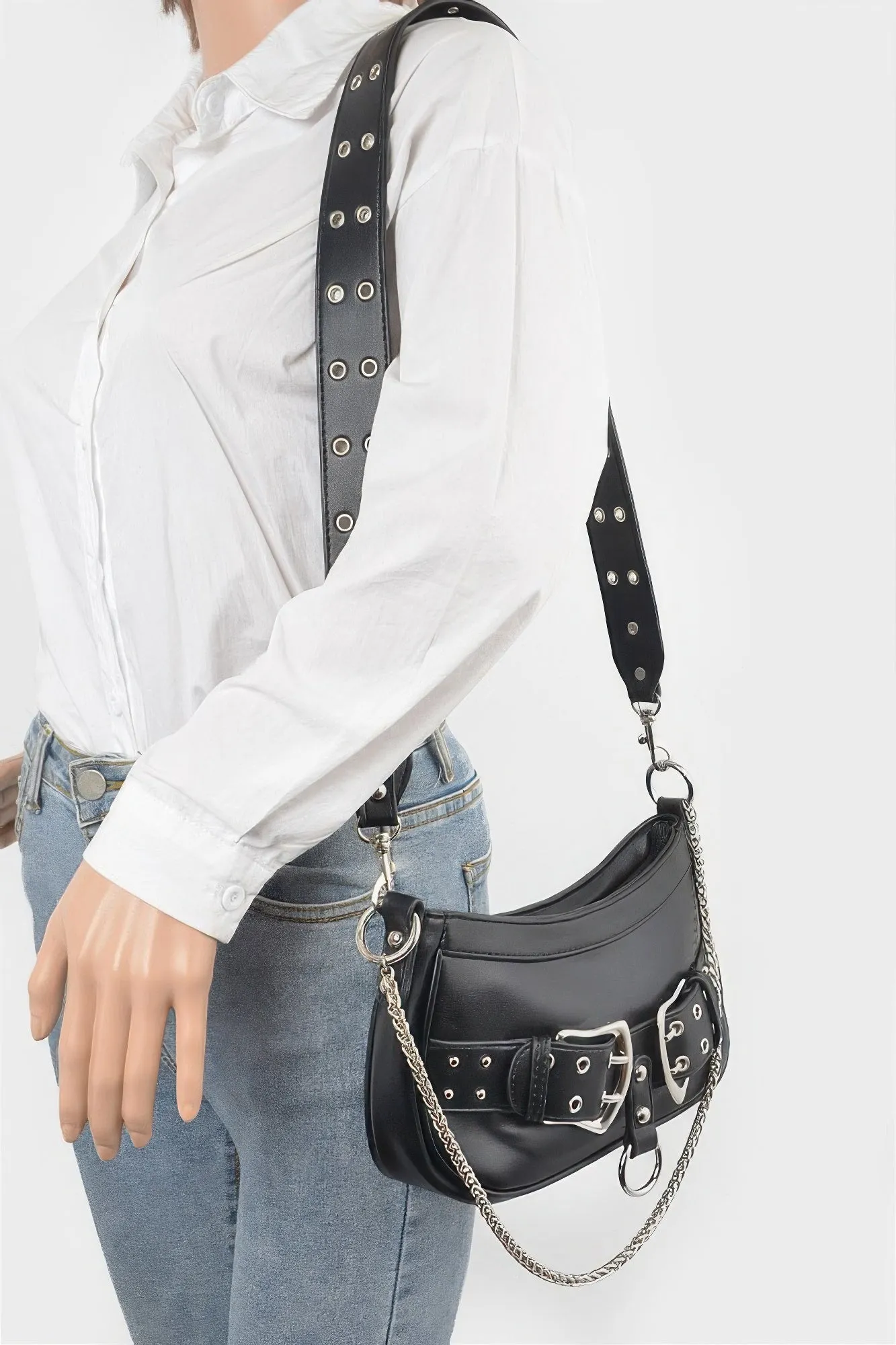 Faux Leather Studded Buckles & Chains Shoulder Bag