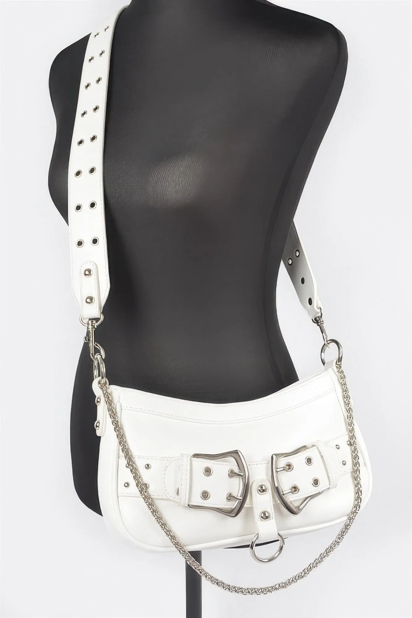 Faux Leather Studded Buckles & Chains Shoulder Bag