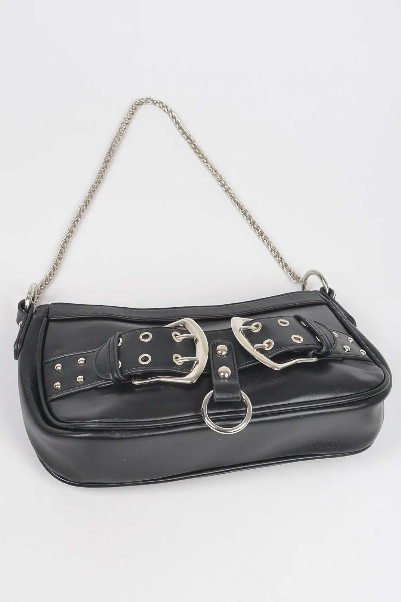 Faux Leather Studded Buckles & Chains Shoulder Bag