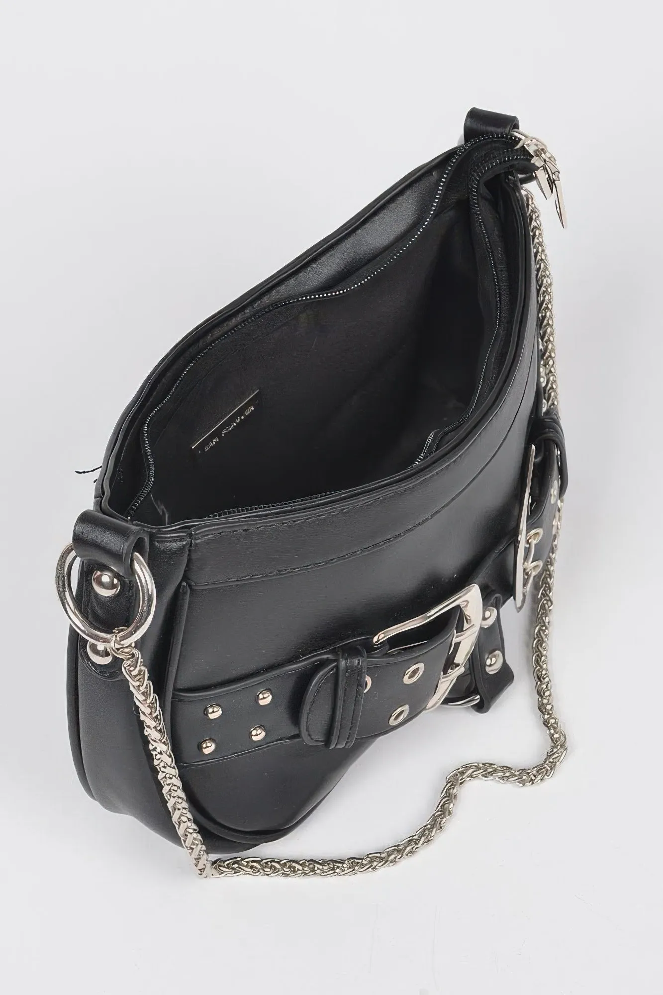 Faux Leather Studded Buckles & Chains Shoulder Bag