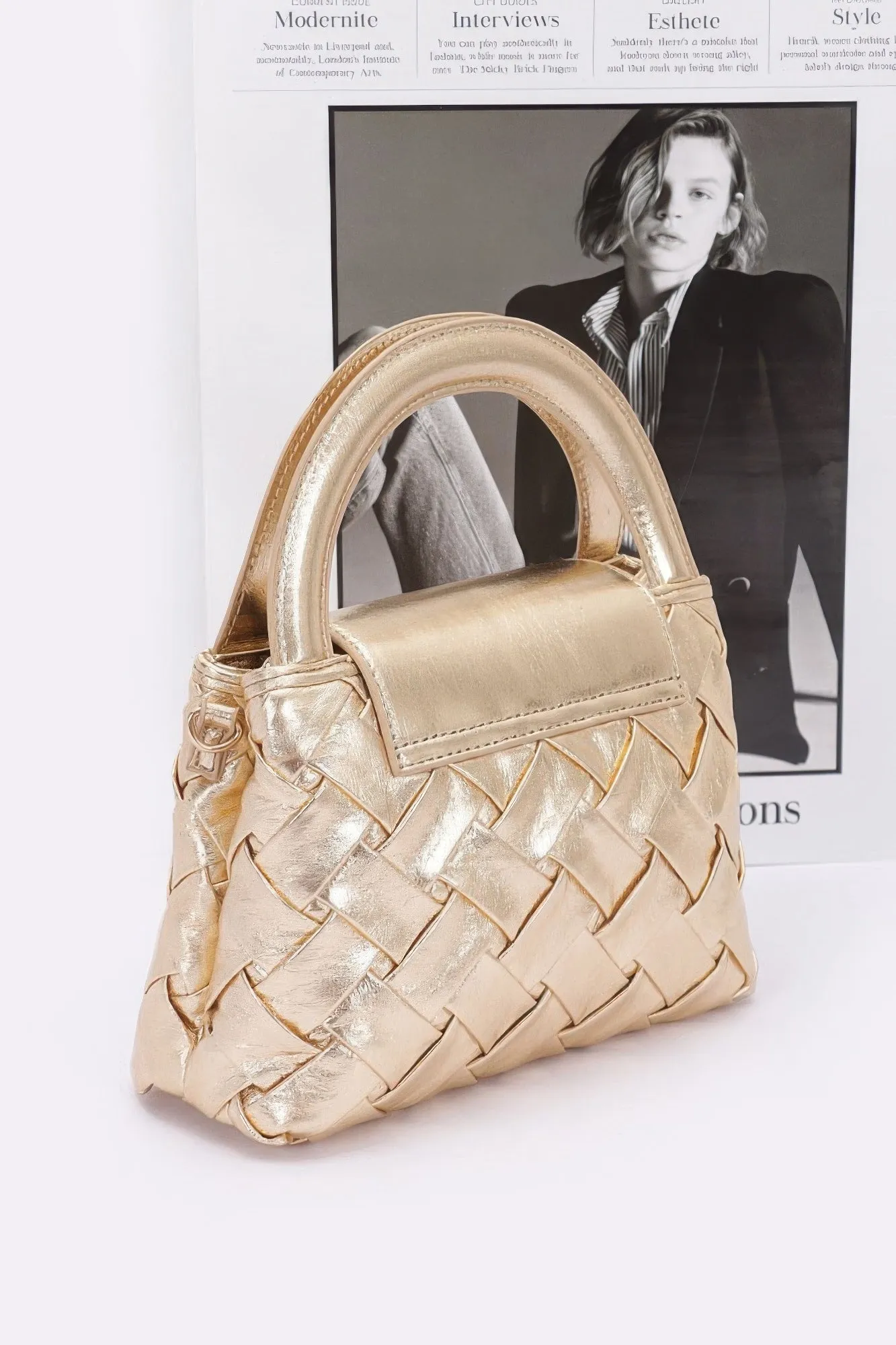 Faux Metallic Leather Braided Embossed Handle Bag