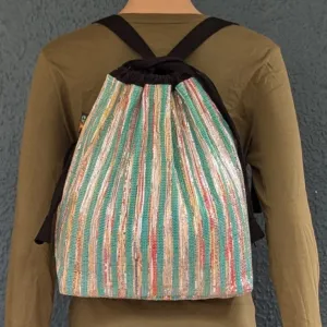 Green Red Golden Striped Upcycled Handwoven Light Backpack (NLBP1224-007) PS_W