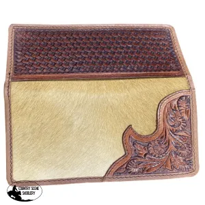 Light Brown Men's Leather Wallet with hair on cowhide and basket tooled side.