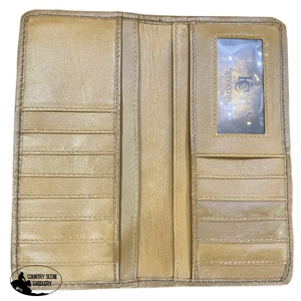 Light Brown Men's Leather Wallet with hair on cowhide and basket tooled side.