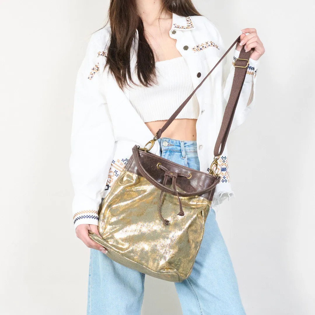 Metallic leather bucket bag with drawstring closure wholesale