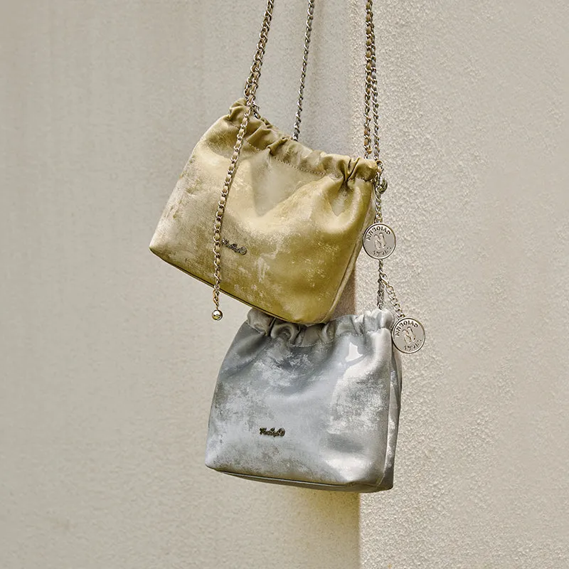 Metallic Leather Pleated Chain Strap Bag