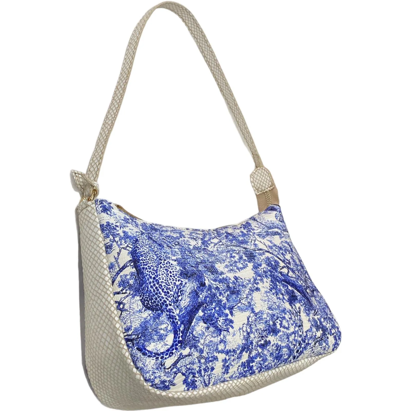 Natalie L. Royal blue and white art leather evening bag