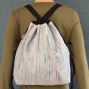 Non-Shimmery White Blue Striped Upcycled Handwoven Light Backpack (NLBP1124-009) PS_W