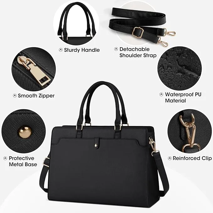 NUBILY Laptop Bags for Women 15.6 Inch Ladies Tote Bag Leather Laptop Handbag Designer Large Womens Work Shoulder Bag for Computer Office Business School Black