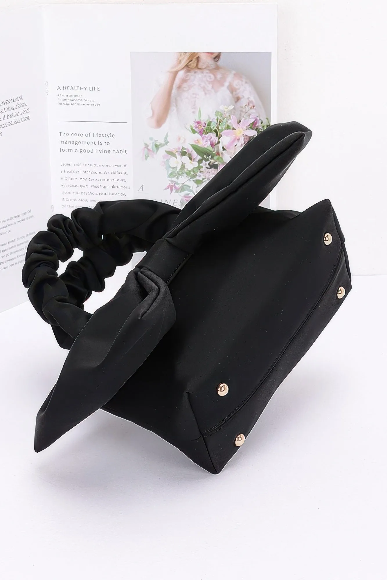 Nylon Top Handle Bag With Bow Front Clutch