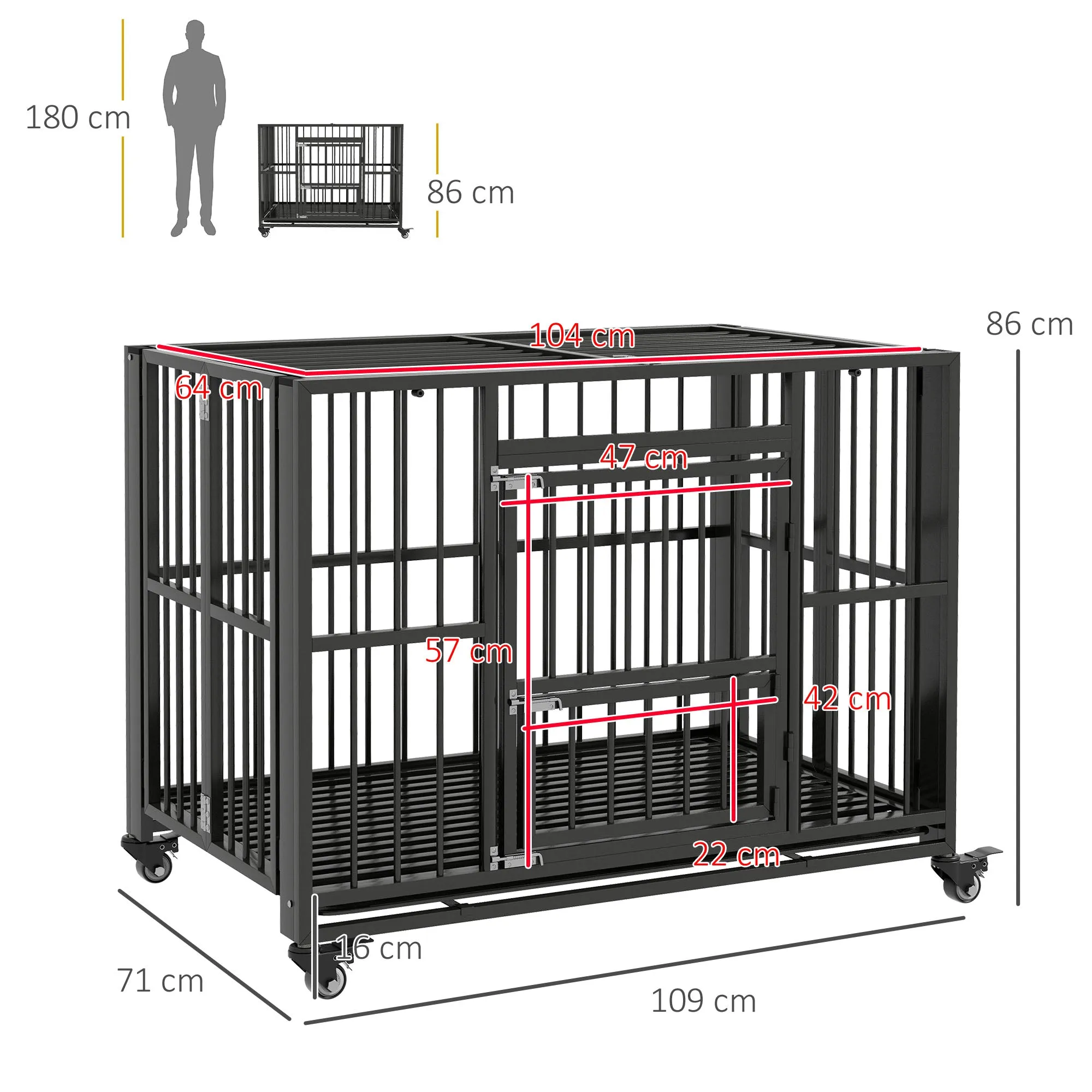 PawHut 43" Foldable Heavy Duty Dog Crate w/ Locks, Removable Tray, Wheels