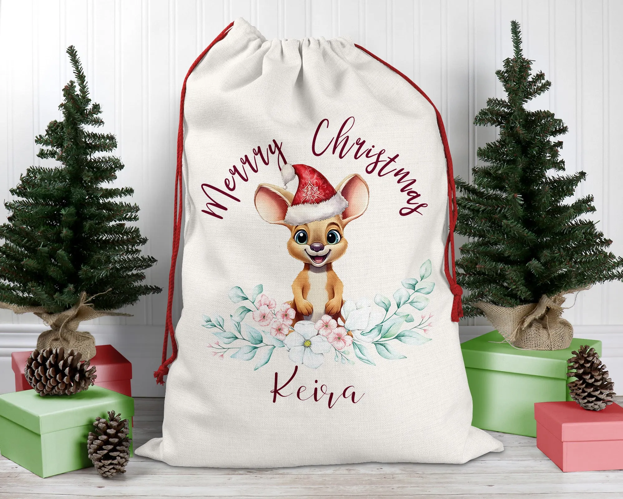 Personalised Santa Sack, Kangaroo, Eucalyptus Leaves Linen Bag