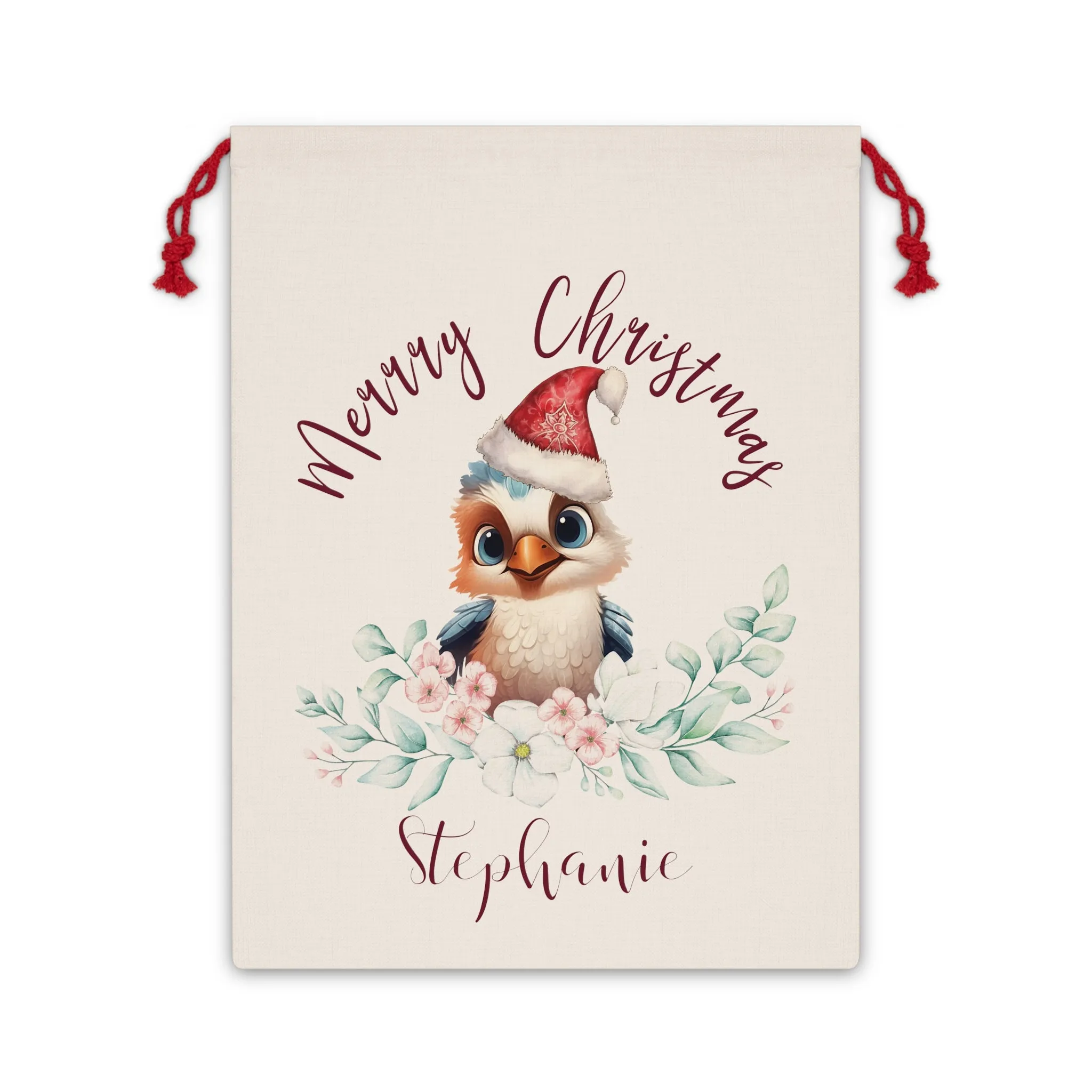 Personalised Santa Sack, Kookaburra Eucalyptus Leaves Linen Bag