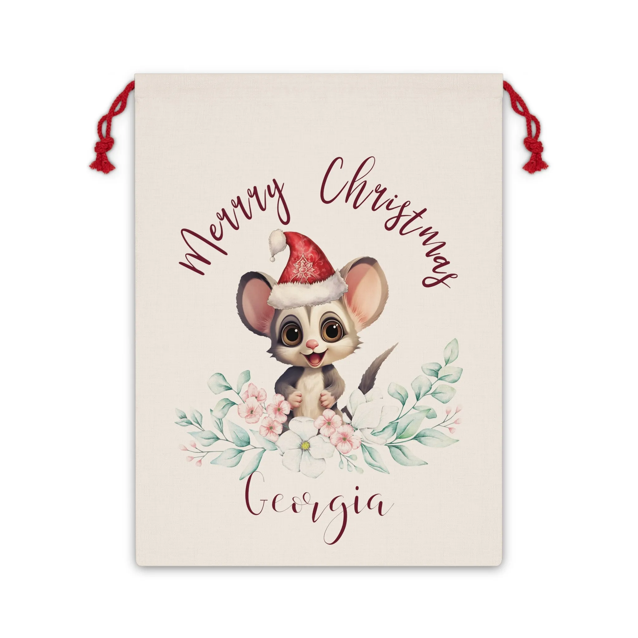 Personalised Santa Sack, Lyrebird, Sugar Glider Leaves Linen Bag