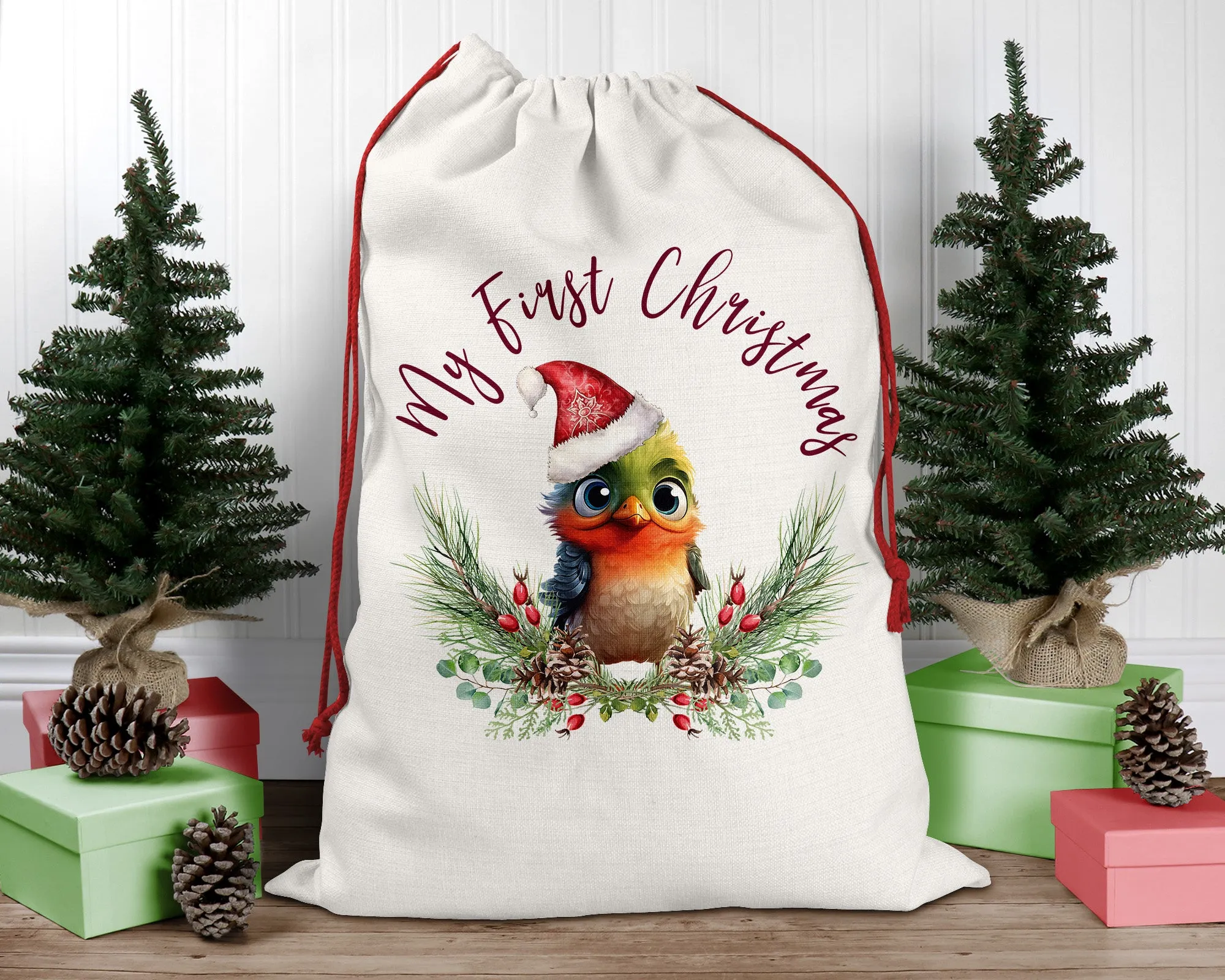 Personalised Santa Sack, Mistletoe, Poinsettia Leaves Linen Bag