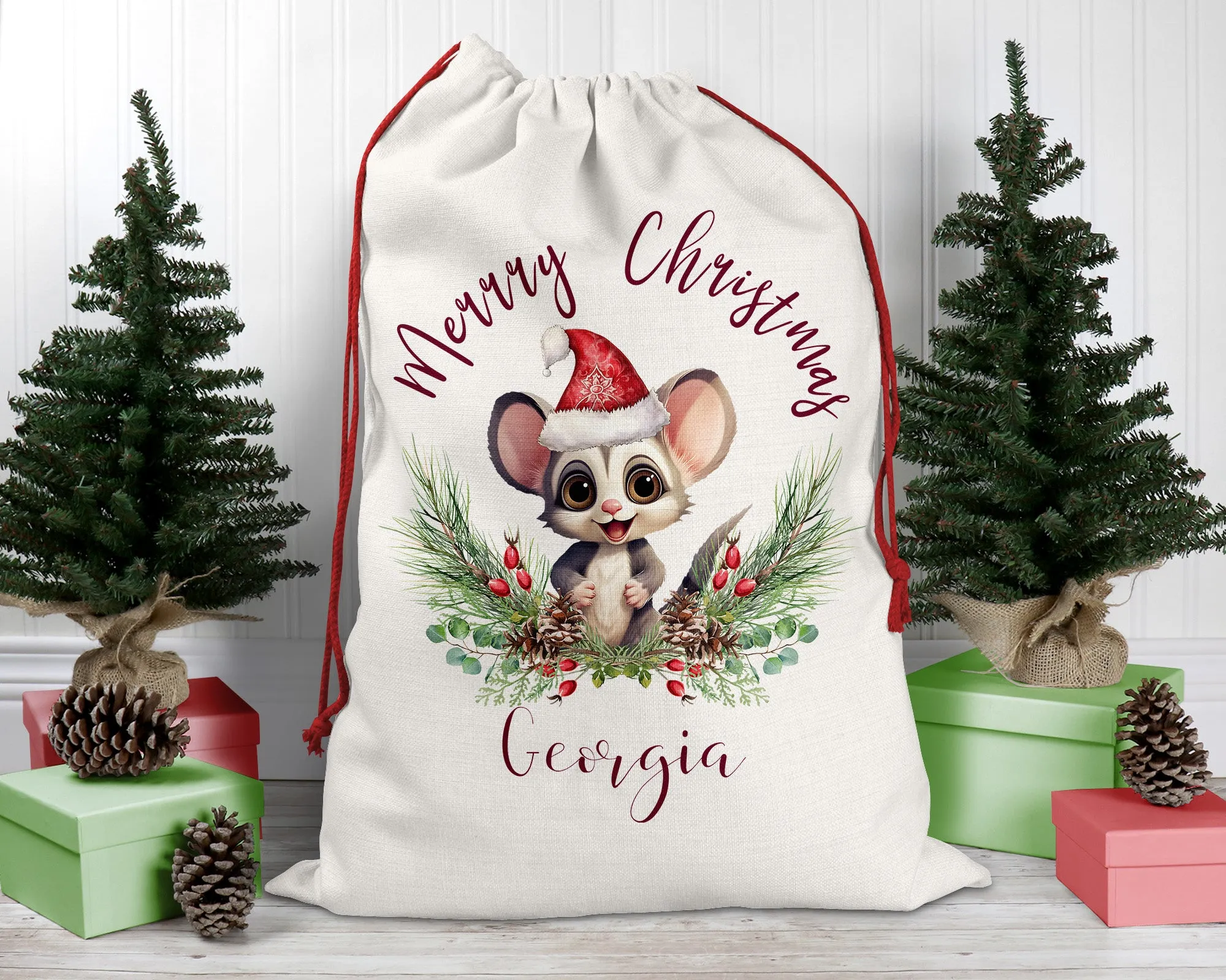 Personalised Santa Sack, Sugar Glider, Poinsettia Leaves Linen Bag