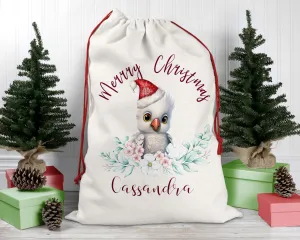 Personalised Santa Sack, White Cockatoo, Eucalyptus Leaves Linen Bag