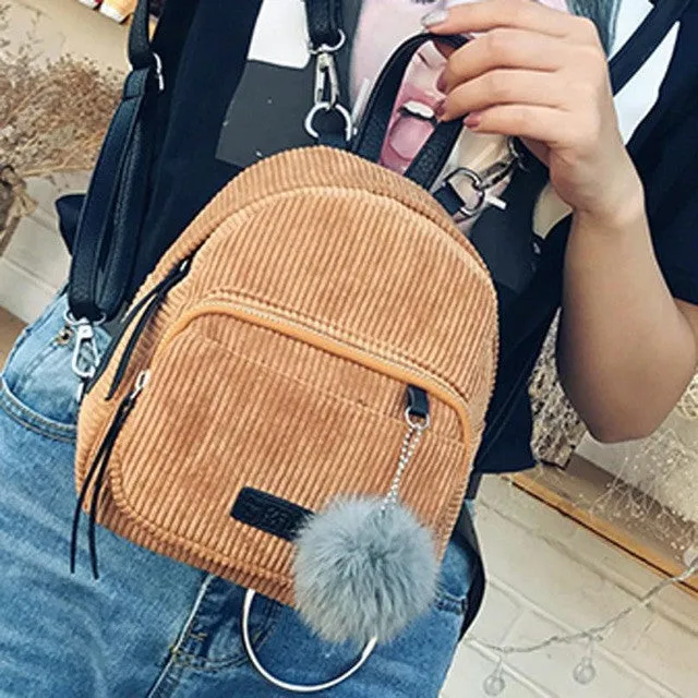 Pick Your Color: Corduroy Soft Mini Backpack with Fur Ball