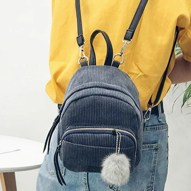 Pick Your Color: Corduroy Soft Mini Backpack with Fur Ball