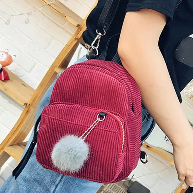 Pick Your Color: Corduroy Soft Mini Backpack with Fur Ball