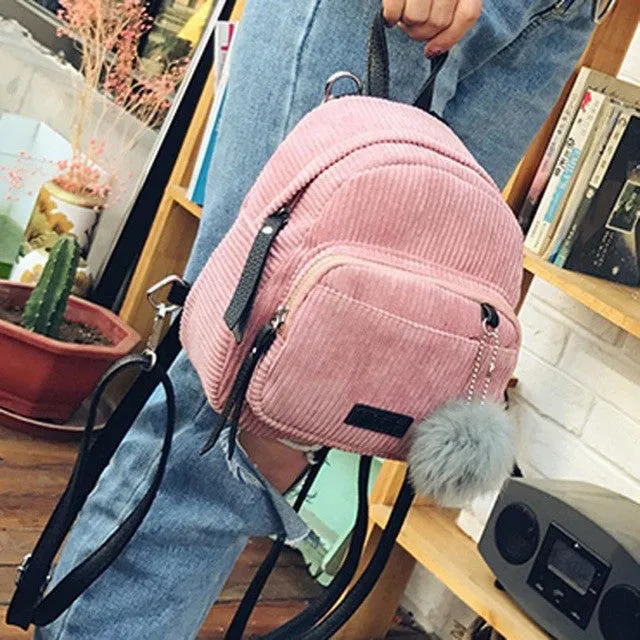 Pick Your Color: Corduroy Soft Mini Backpack with Fur Ball