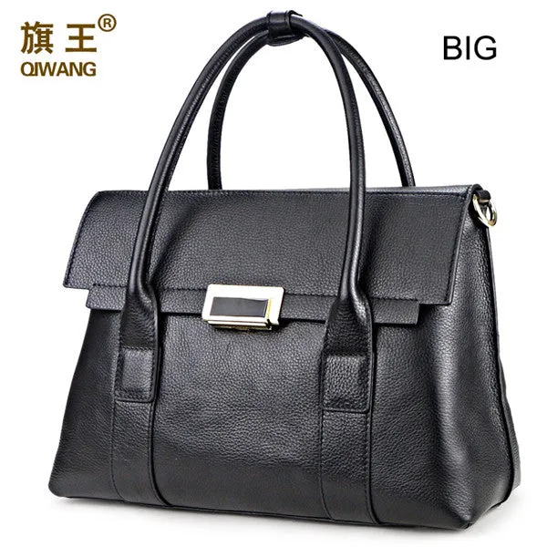 Qiwang Large Size Handbag Retro Bag Real Leather Brand Tote Bag Flap Closure Fashion Metal Lock Luxurious Handbag Purse Women