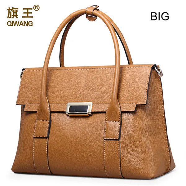 Qiwang Large Size Handbag Retro Bag Real Leather Brand Tote Bag Flap Closure Fashion Metal Lock Luxurious Handbag Purse Women