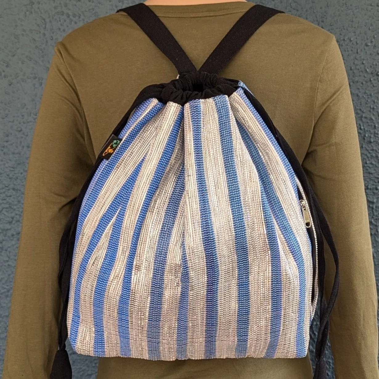 Shimmery Silver With Broad Blue Striped Upcycled Handwoven Light Backpack (NLBP1124-005) PS_W