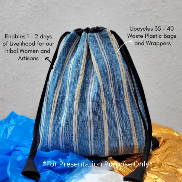 Shimmery Silver With Broad Blue Striped Upcycled Handwoven Light Backpack (NLBP1124-005) PS_W