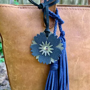 Small Leather Flower Purse Charm - Blue Shimmer and Gunmetal