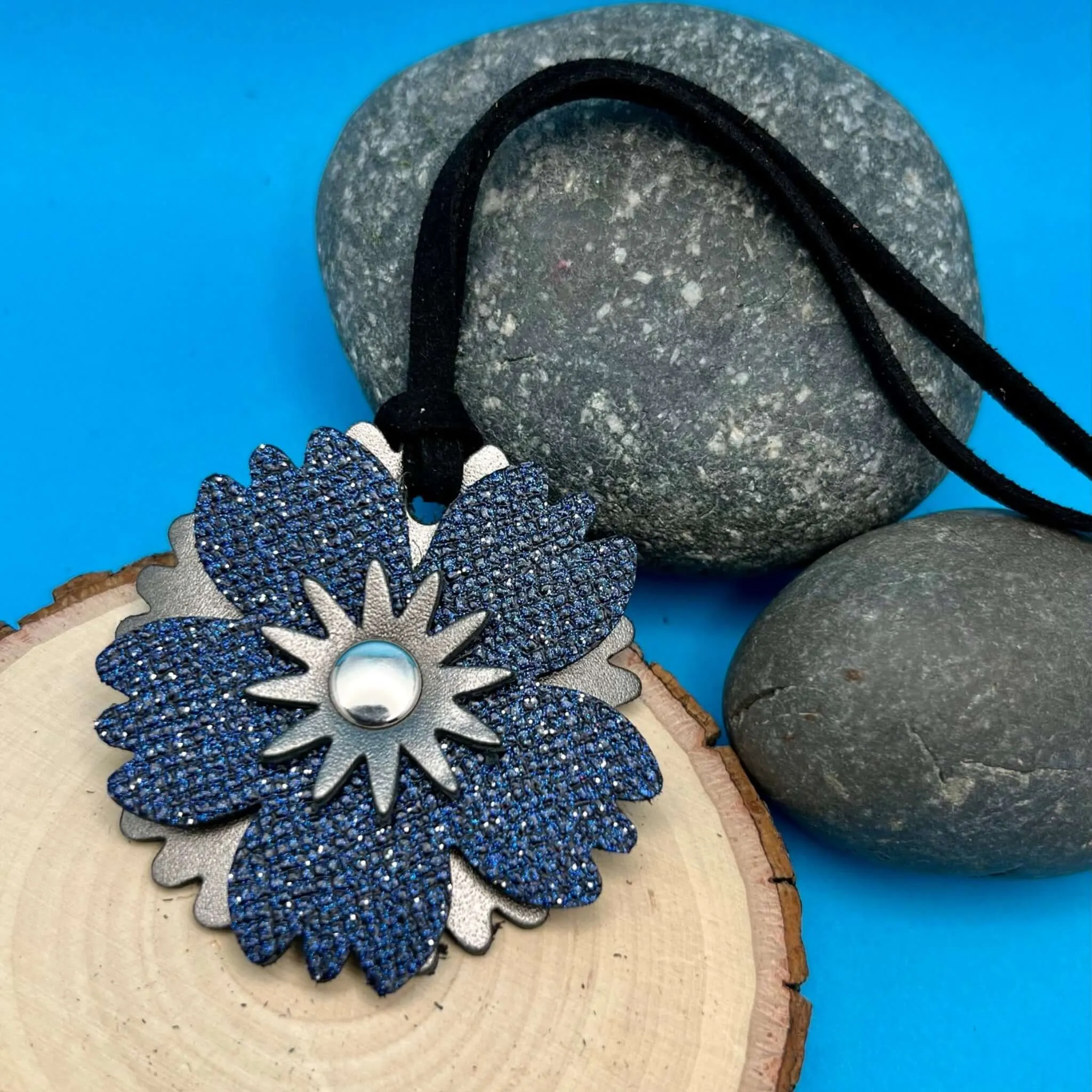 Small Leather Flower Purse Charm - Blue Shimmer and Gunmetal