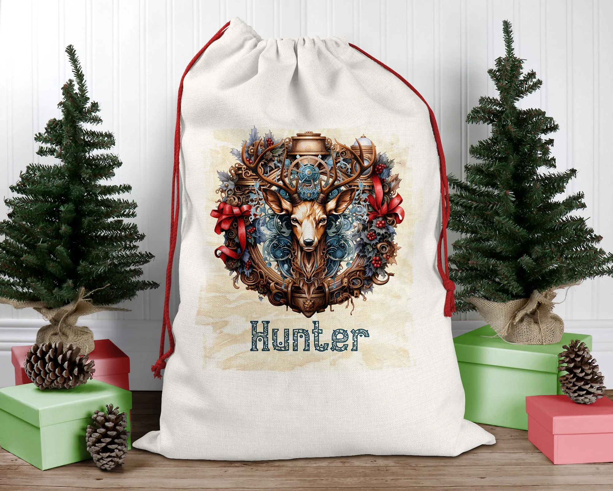 Steampunk Personalised Santa Sack, Reindeer, Linen Bag