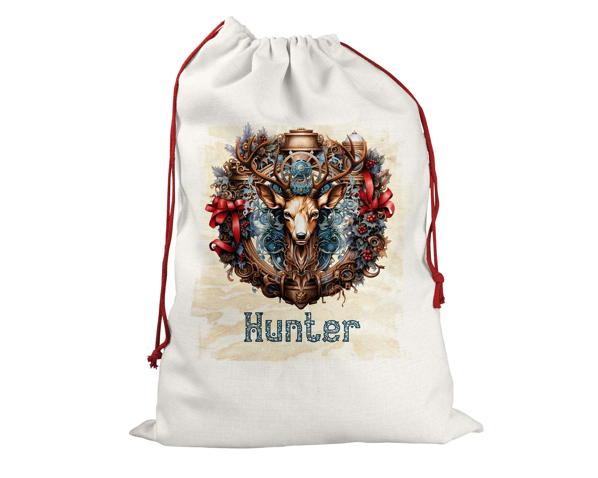 Steampunk Personalised Santa Sack, Reindeer, Linen Bag