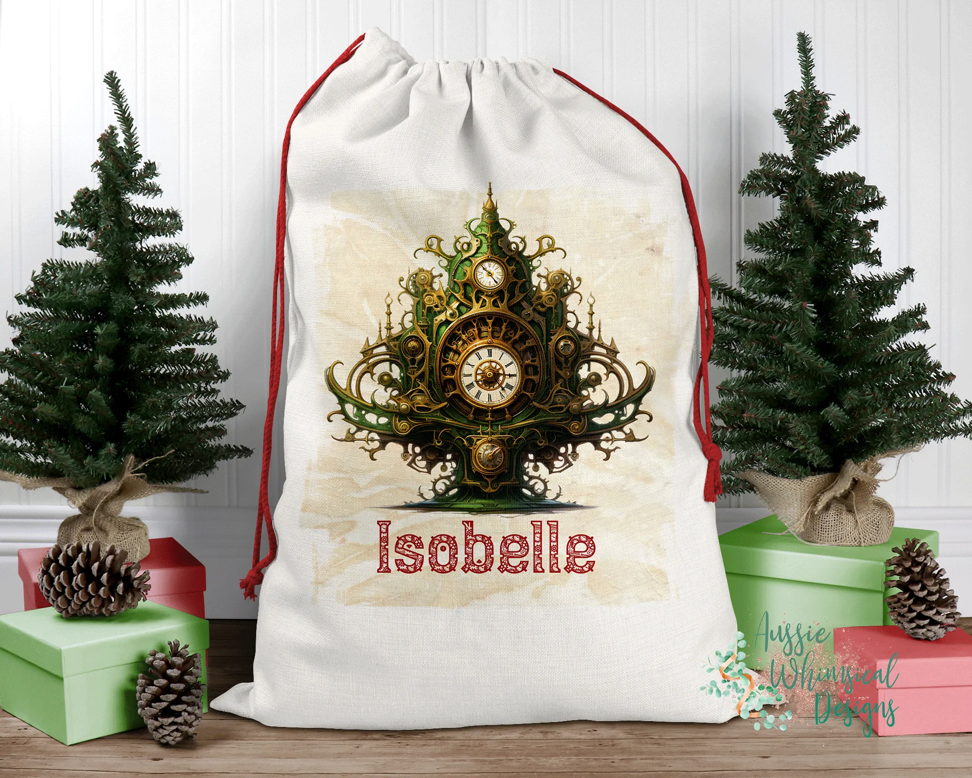 Steampunk Personalised Santa Sack Tree, Linen Bag